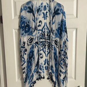 Blue & White Floral Kimono Wrap with Tassel Trim